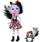 Enchantimals Sage Skunk Doll & Caper Figure, boneca pequena de 6 polegadas, com longos cabelos pretos e brancos em rabo de cavalo, orelhas de animal e cauda peluda, saia removível, encolher de ombros e sapatos, Presente para crianças de 3 a 8 anos