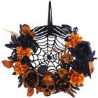 Enfeite Halloween pra Porta Guirlanda Luxuosa com Teia de Aranha Caveira e Mãos de Esqueleto e Rosas e Flores Negras