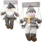 Enfeite pendurar placa feliz natal papai noel / boneco sentado balanco 43cm