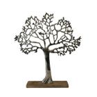 Escultura Árvore da Vida Decorativa em Metal Prata com Base de Madeira Grande 40x36 cm