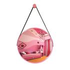 Espelho Redondo Decorativo Suspenso Com Alça 40cm + Suporte Rosa Alça Preta - ORNATO