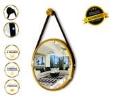 Espelho Redondo Decorativo Suspenso Com Alça 50cm + Suporte Dourado Alça Preta