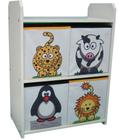 Estante organizadora de brinquedos com caixas estampadas - Leopardo - Leão - Pinguim - Vaquinha - OrganiBox