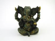 Estátua Ganesha Sentado Verde E Dourado Resina 12 Cm