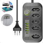 Extensão Tomada Régua de Energia 5 Tomadas 4 USB 1 USB Tipo-C Carregar Celular Cabo 2 metros Bivolt 110v 220V 2500W