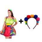 Fantasia Completa Vestido Kit Palhaça Feminina Adulto Com Suspensório e Tiara Carnaval Halloween Festa Circo Picadeiro