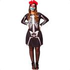 Fantasia Halloween Feminina Caveira Mexicana Manga Longa com Ossos P 34 - 36