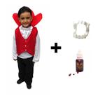 Fantasia Halloween Infantil Vampiro Completo Menino Conde Drácula com Sangue e Dentadura Dia das Bruxas