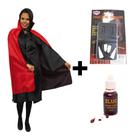 Fantasia Halloween Masculina Conde Drácula Capa de Vampiro Dupla Face Adulto Completo com Sangue e Presa