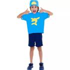 Fantasia Luccas Neto Roupa Aventureiro Azul Infantil Camisa com Boné e Shorts Original Luccas Neto