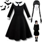 Fantasia Vestido Wandinha Halloween Addams Infantil Criança + Peruca