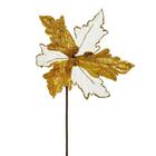 Flor Cabo Curto Branco e Ouro com Glitter 20cm - Rizzo