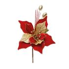 Flor Cabo Curto Poinsettia Vermelho e Folhas Ouro 25cm - 01 unidade - Cromus Natal - Rizzo