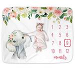 Floral Elefante Bebê Cobertor Mensal Marco, Jungle Elephant Girl's Soft Fleece Monthly Milestone Blanket , Girl Elephant Nursery Infant Newborn, inclui marcador (branco, 50"x40") - Popfavors