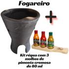 Fogareiro de Barro Cerâmica Grande Preto Cinza Rústico Para Carvão Lenha + Kit Régua 3 Pimentas Cremosas 80ml