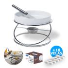 Fondue Rechaud Queijos Cerâmica Branco com Suporte Inox 4 Peças e 10 Velas