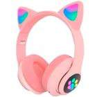 Fone de Ouvido Bluetooth Orelha De Gato Led Colorido Rosa