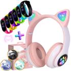 Fone Ouvido Headphone Orelha Gato Bluetooth Infantil e Pulseira Led