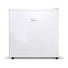 Frigobar Midea 45 litros na cor branca com design compacto e logo da marca na porta
