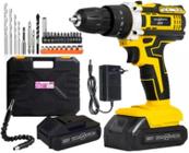 Furadeira Sem Fio e Parafusadeira de Impacto 21V com LED, 2 Baterias Recarregáveis e 32 Acessórios Maleta Completa
