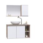 Gabinete banheiro armário 80cm + cuba vidro branca + espelheira madeirado/branco