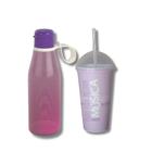 Garrafa e copo shake plástico personalizado cor rosa e roxo - Plasútil