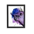 Gato Pet Animais Aquarela Roxo Quadro Moldura Preta 60X40Cm