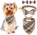 Gola de cachorro de gravata borboleta com sino - Bandana xadrez clássica, triângulo bibs scarf acessórios, 2 pack pet hair bows, para Puppy Cats, Cream