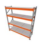 Gondola 1 mini porta pallet 250 kg 180x200x60 (CxLxP) cinza com laranja bandejas mdf branco