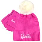 Gorro de inverno Barbie para mulheres com luvas, rosa tricotado