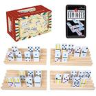 Gothink Double Six Dominoes com 4pcs Bandejas de Madeira / Racks / Suportes, 28 Telhas Coloridas Pontos Dominó Game Set com Caixa de Estanho, Jogos de Tabuleiro Familiares Clássicos para Crianças, Adultos e Famílias para 2-4 Jogadores