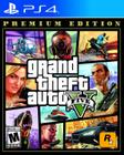 Capa do jogo Grand Theft Auto V Premium Online Edition para PS4 com arte composta por diversos personagens e veículos do jogo