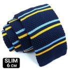 Gravata Slim Crochê Tricô Azul Listrada Linha Premium