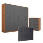 Guarda Roupa 6 Portas Atrice e Cômoda Atria Amêndola Grafito com Cabeceira Luiza 140 cm Preto Demartêz - DEMARTEZ