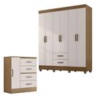 Guarda Roupa Casal 6 Portas e Cômoda 4 Gavetas 01 Porta Lite Nature Off White Móveis Leão - MOVEIS LEAO