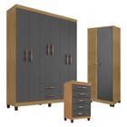 Guarda Roupa Casal Modena com 6 Portas com Cômoda Cannes 5 Gavetas e Armário Multiuso Versatile Carvalho Americano Grafite - Incorplac