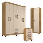 Guarda Roupa Casal Modena com 6 Portas com Cômoda Cannes 5 Gavetas e Armário Multiuso Versatile Carvalho Americano Off White - Incorplac