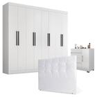 Guarda Roupa Casal Prime 1684 e Cômoda Excellence 8000 com Pés Reto News Cinza e Cabeceira Luiza 140cm Branco - Araplac