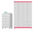 Guarda Roupa Infantil 4 Portas Branco Rosa Flex Com Cômoda 5 Gavetas Aquarela Branco Clique Chique