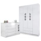 Guarda Roupa Roupeiro 4 Portas e Cômoda Aquarela 100% MDF Branco para Quarto Infantil