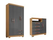 Guarda Roupa Solteiro 4 Portas 2 Gavetas com Cômoda Sapateira 1 Porta 4 Gavetas Modena Carvalho Grafite - Combo Stock