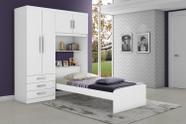 Guarda Roupa Solteiro Branco com 4 Portas 3 Gavetas e 01 Cabideiro com Cama Baú Solteiro Embutida