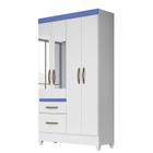 Guarda Roupa Solteiro Madri 4 Portas e 2 Gavetas Flex com Espelho Branco/Azul - PR Móveis