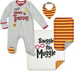 Harry Potter Recém-nascido Baby Boy ou Menina Zip Up Sleep N' Play Coverall Bib Cobertor e Arroto Pano 4 Piece Outfit Set 0-6 Meses