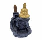 Incensário Cascata Buda Tibetano Cinza Dourado Resina 13 Cm