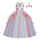 IZKIZF Meninas Unicórnio Fantasia Princesa Long Maxi Tule Vestido w / Headband Festa de Aniversário Carnaval Cosplay Dress Up Outfits Multicolorido 10-11T