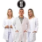 Jaleco Feminino Levemente Acinturado Tecido Gabardine Modelo Gola Italiana com bolsos Branco Kit c/ 3 pçs