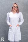Jaleco feminino manga longa branco, decote V modelo princesa com punho, confeccionado em gabardine