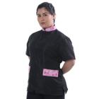 Jaleco Groomer Feminino Uniforme Tosador Anti Pelos Preto Liso Com Detalhe Rosa De Ossinho