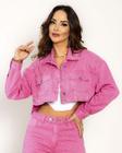 Jaqueta Feminina Cropped com Barra Mullet Desfiada - Shine 21966 Rosa